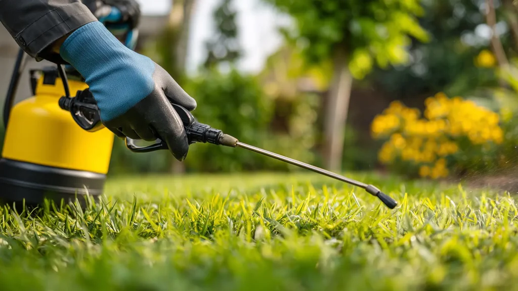Professional pest control worker spraying pesticide on residential lawn outdoors for foundation insect control