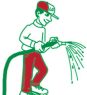 Illustrated man holding a running hose